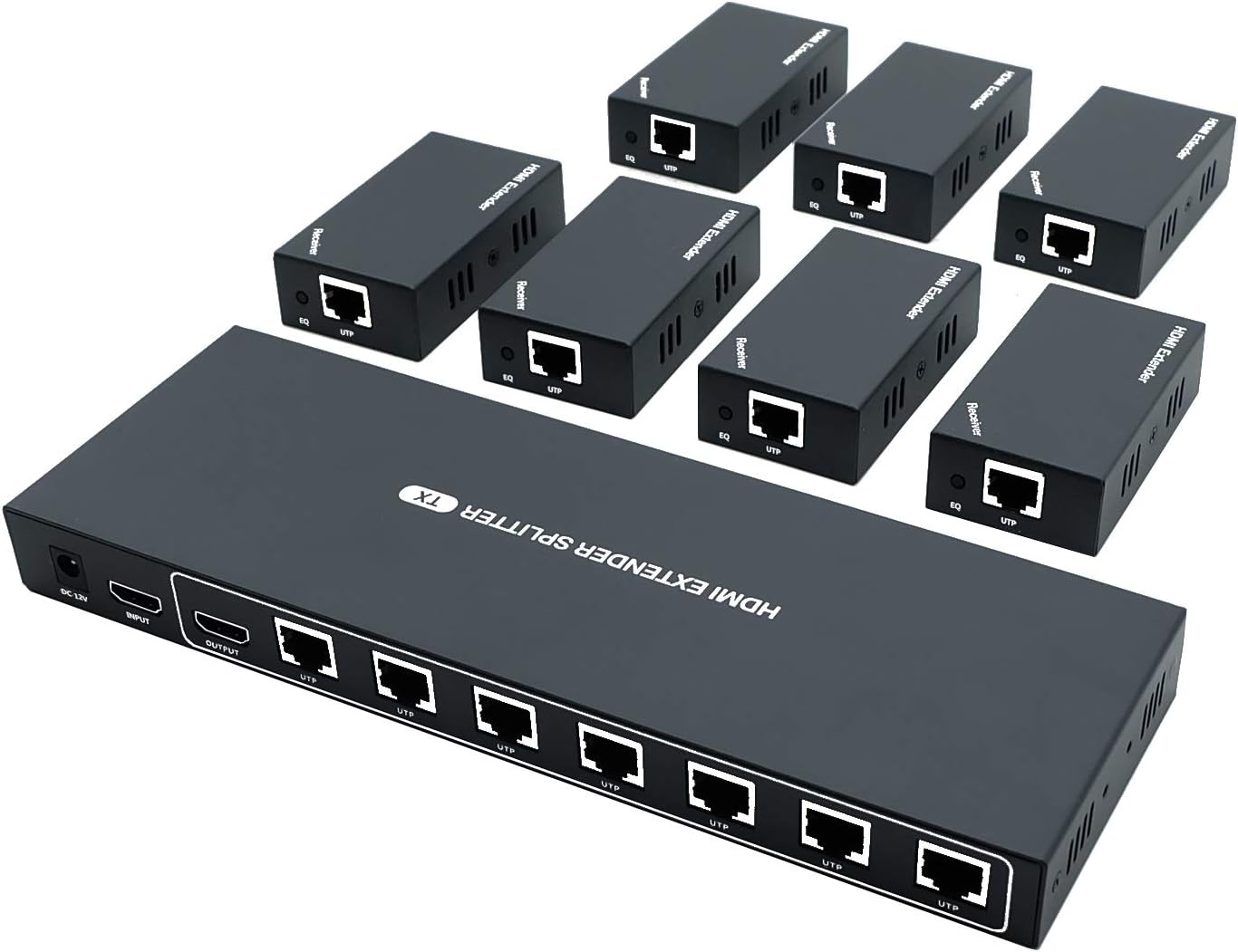 HDMI Extender Splitter 1 to 7 Over Ethernet Cat5e / Cat6 / Cat7 Up to 50M (165Ft) with 1 HDMI Loopout 1080P@60Hz AV Signals Lossless Transmission