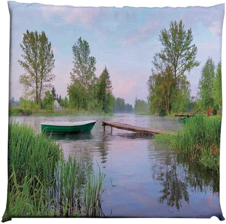 YOLIYANA Landscape Durable Square Chair Pad,Rural Landscape Lakeside Boat Trees Grass Clouds and Boardwalk Countryside for Bedroom Living Room,One Size