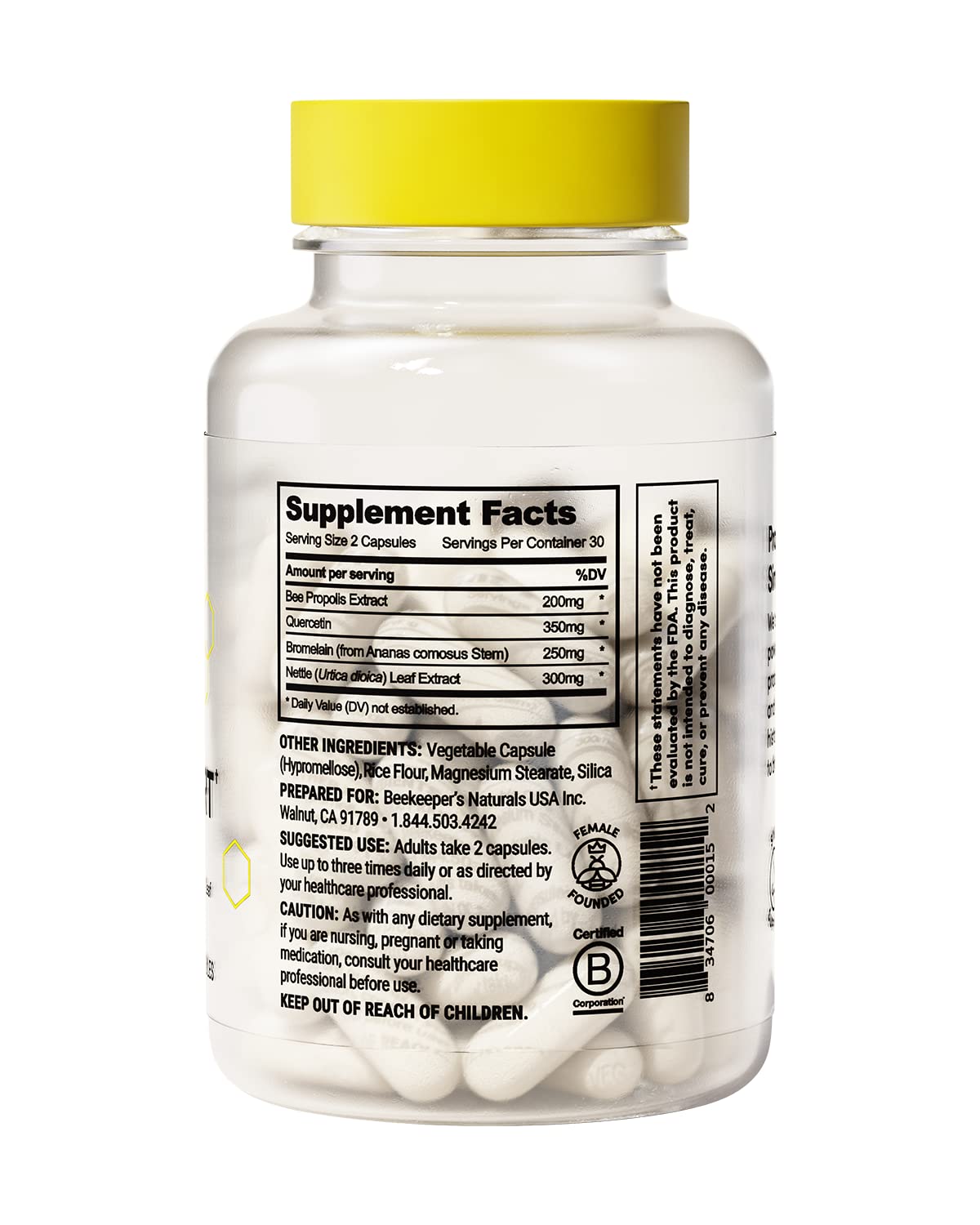 Beekeeper's Naturals All Natural Sinus Support for Adults, Seasonal Nasal Care Relief with Propolis, Quercetin, Bromelain, Nettle Leaf, & Vegan Capsule, Blocks or Suppresses Histamine, 60 ct
