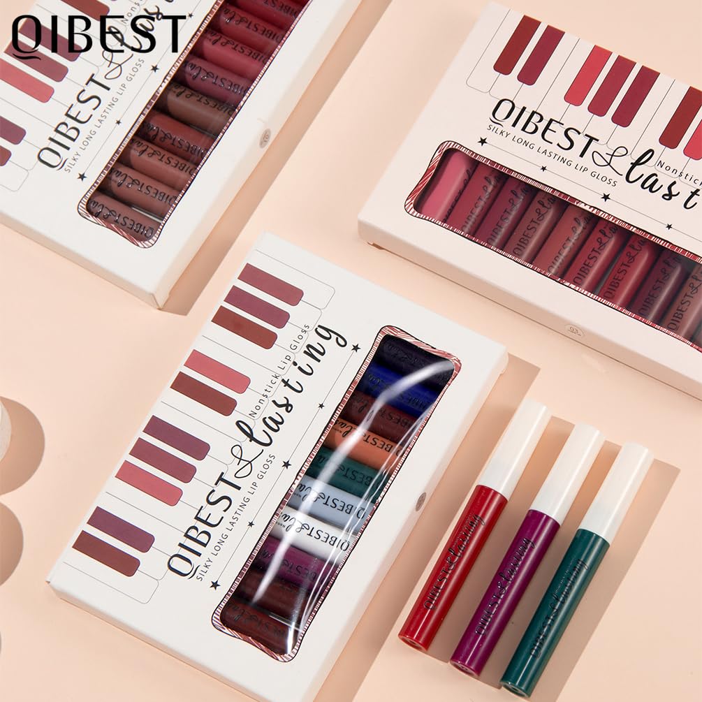 QiBest 12Pcs Velvet Matte Liquid Lipstick Makeup Sets for Women & Teens Gift, Waterproof Long Wear 24 Hours Nudes Burgundy Red Brown Lip Stain Kits, Non-Stick Cup Mate 24 Horas Lip Gloss Holiday Set