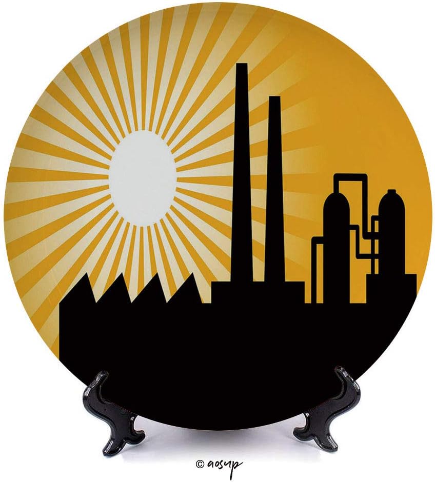 №00644 10" Dinner Plate/Industrial, Retro Sun Backdrop Factory Building Silhouette, Pale Orange Charcoal Grey Ivory and White/Decorative Ceramic Decorative Plates,Dining Table Tabletop Home Decor