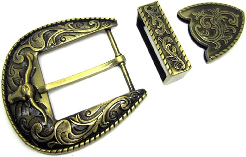 Western Cowboy 3 Piece Buckle Set Engraved Longhorn Fits 1.
