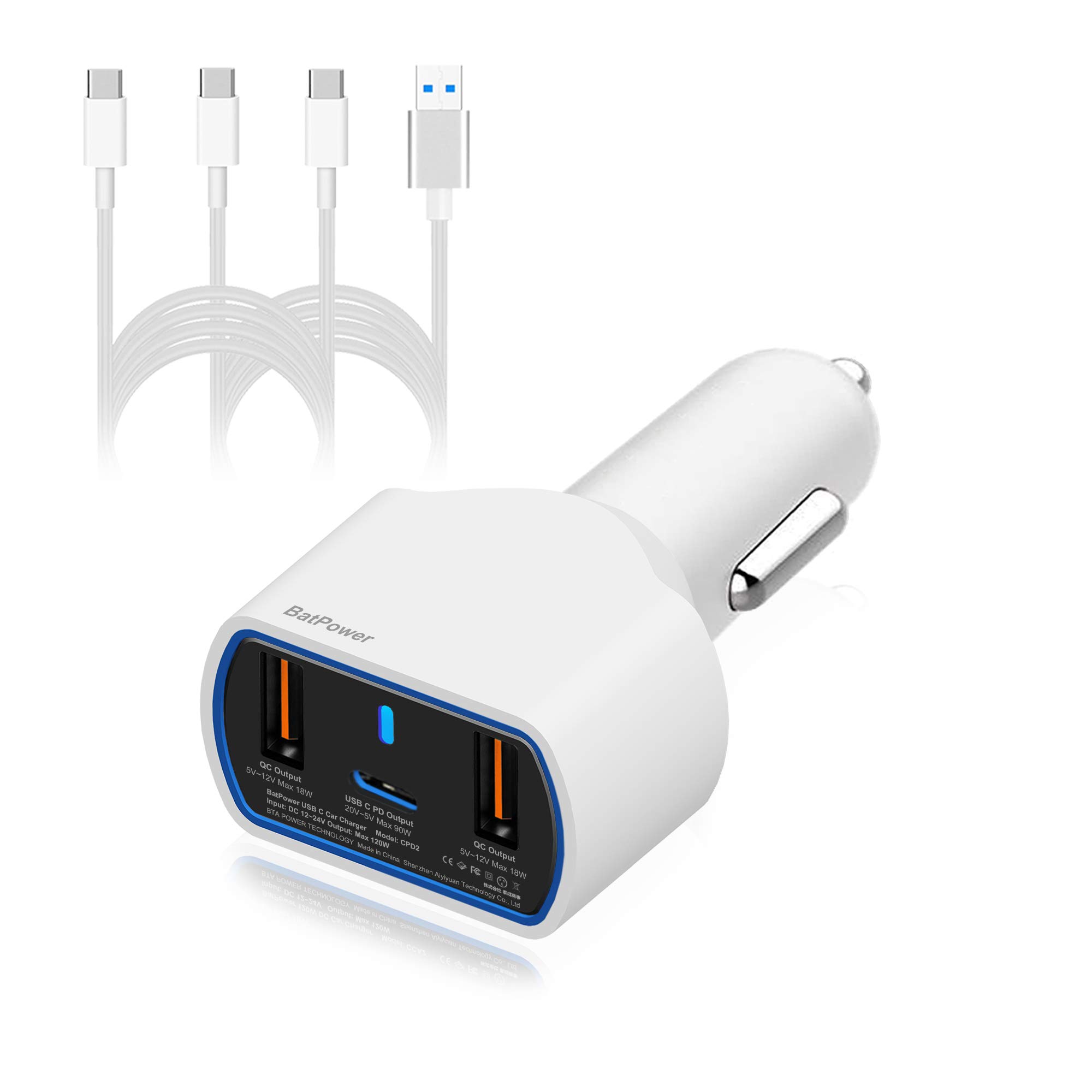 Photo 1 of BatPower CPD2 High Power Delivery 120W USB-C Laptop Car Charger Compatible with New MacBook Pro Air USB C Laptop HP Dell Razer Surface Vehicle Charger DC 12v-24v auto Power Supply with Dual USB QC3.0