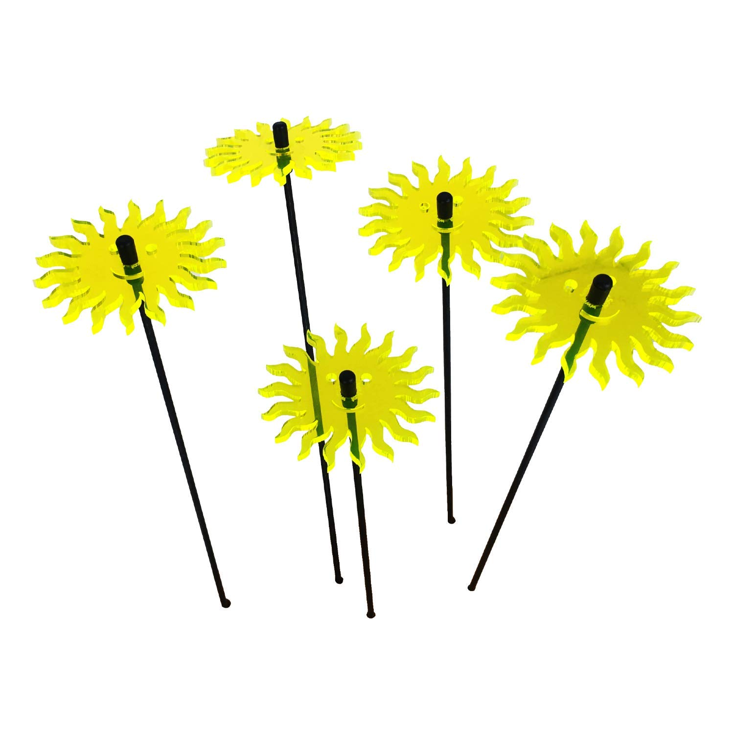 SunCatcher Garden Decor Ornaments Smiling Suns, Set of 5 Decorative Garden Stakes, 25cm/10'' high Outdoor Accessory, Great Gardeners Gift, Colour:fluorescent Yellow