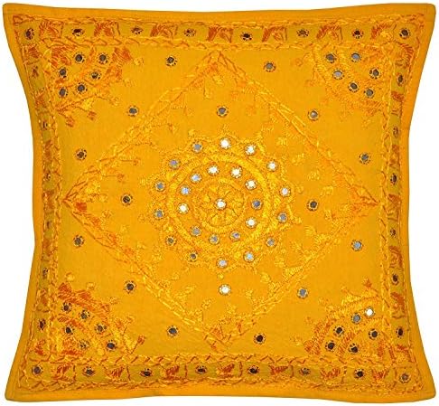 Jaipuri Handloom Crafts JHC's 16" Yellow Mirror Embroidered Ethnic Home Decorative Indian Sofa Cushion Pillow Cover Bohemian