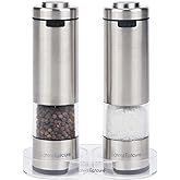 Latent Epicure Electric Salt and Pepper Grinder Set, USB-C Rechargeable Stainless Steel Mills with LED Light, Adjustable Ceramic Grinders and Acrylic Mill Rest Tray