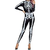 Evioset Womens Skull Skeleton Halloween Costume Jumpsuit Bodysuit One Piece Romper Outfit