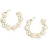 MINACHI Boho Raffia Open Hoop Earrings, Rattan Beaded Earrings, Vintage Bohemian Hippie Summer Statement Jewelry Gift for Women