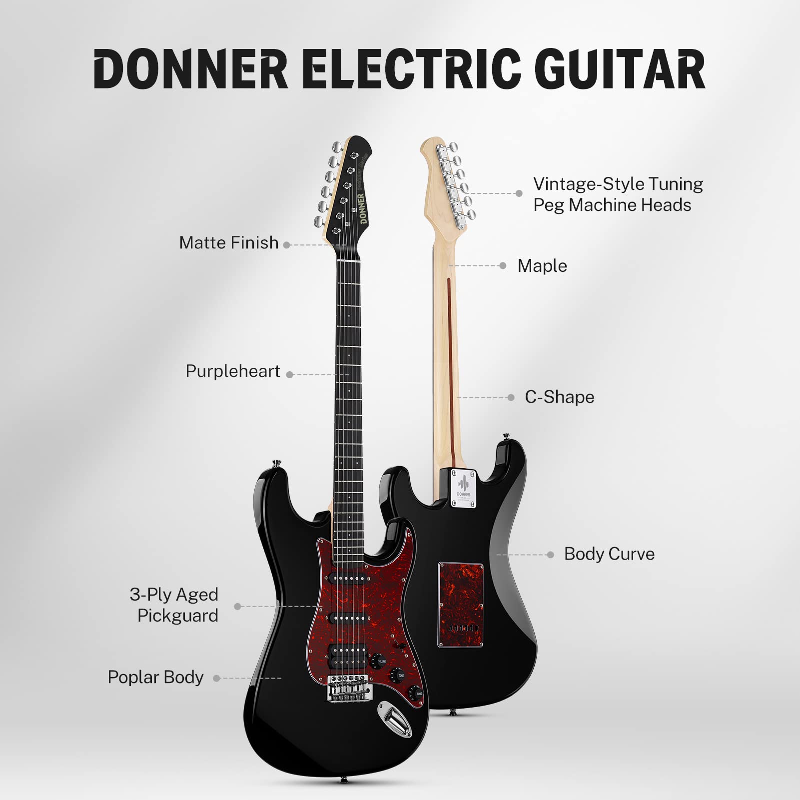 Donner 39 Inch Electric Guitar, Designer Series DST-200 Stylish Solid Body Electric Guitar for Beginner Intermediate & Pro Players, Single Coil Split System, Bonus Bag, Cable, Strap Void Black