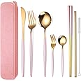 AARAINBOW 8 Pieces Stainless Steel Flatware Set Portable Reusable Cutlery Set Travel Utensils Set Including Chopsticks Knife Fork Spoon Straws Cleaning Brush Dishwasher Safe (Pink Golden)