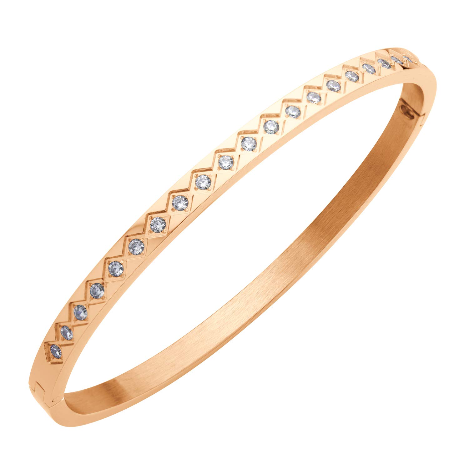 555Jewelry 4mm Thin Stainless Steel Hinged Cuff Bangle Bracelets for Women, Cubic Zirconia Designer Inspired Cuff Bangle Bracelets for Women, Sparkly Bangles for Women, Rose Gold