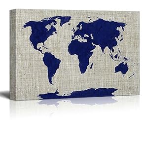 Canvas Wll Art - Blue Worldmap on Burlap Feeling Background - Giclee Print and Stretched Gallery Wrap | Modern Home Art Ready to Hang - 12"x18"