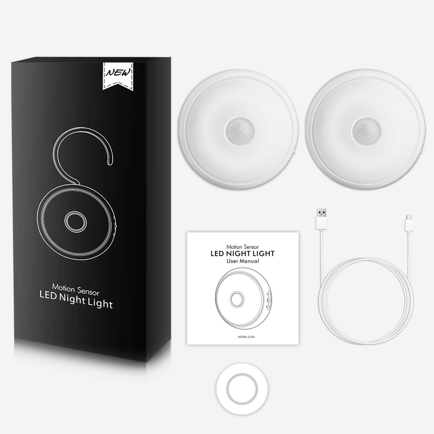 FXQ Motion Sensor LED Night Light, USB Rechargeable Portable Closet Light, Dimmable Cordless Wall Light, Magnetic Stick Hanging, for Under Cabinet, Stairs, Hallway, Kids Room, Bedroom (2 Pack)