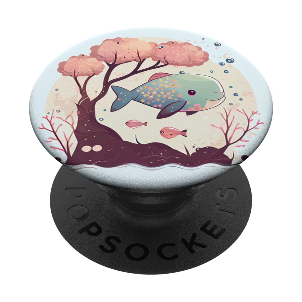 Cute Kawaii Whale Fish swimming with cherry blossom tree PopSockets Swappable PopGrip