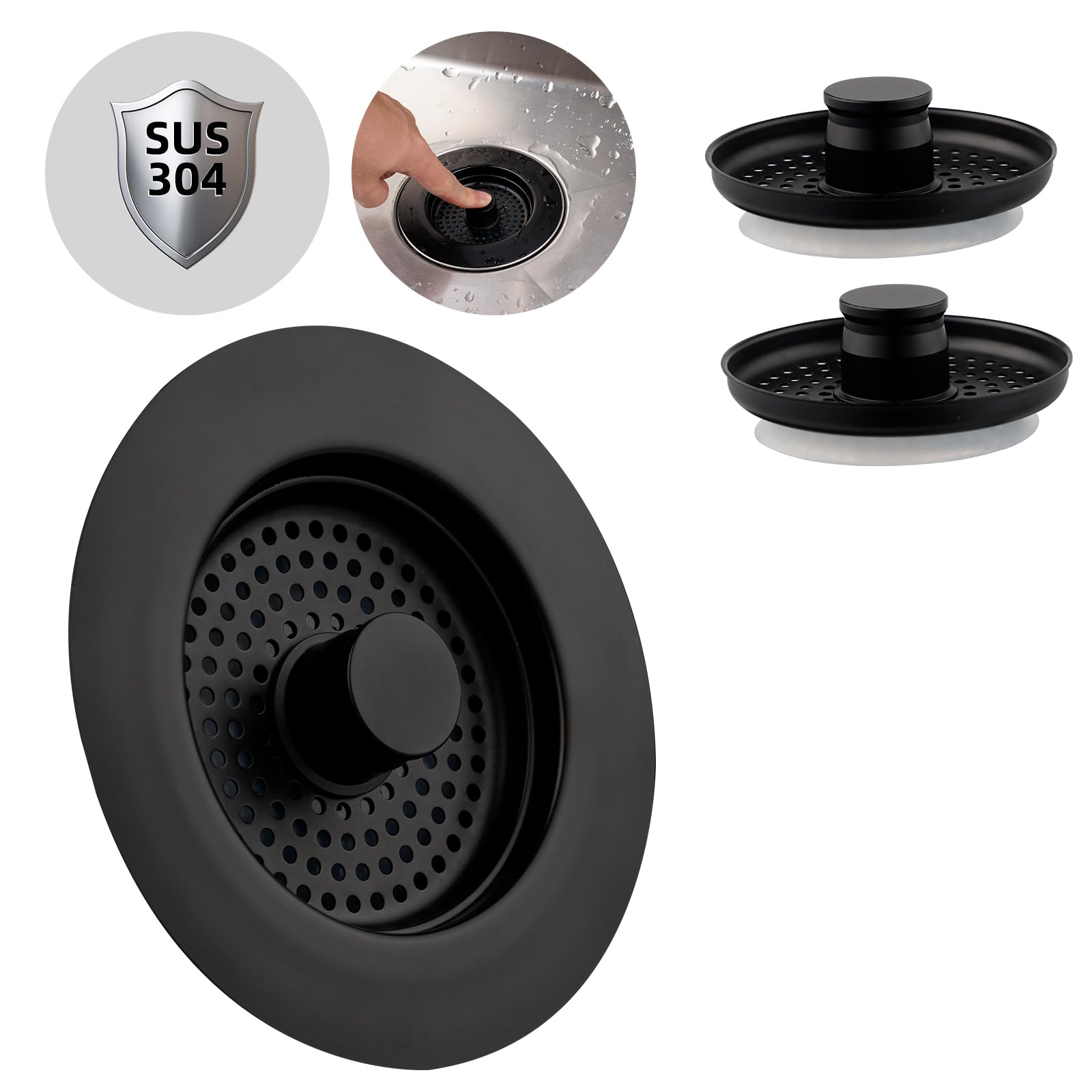 Hibbent Kitchen Sink Plug, Kitchen Sink Strainer and Stopper Combo, with 2 Stainless Steel Strainers, Anti-Clogging, Kitchen Sink Strainer Plug, and Prevent Odors-Sinks Depth > 28mm-Black