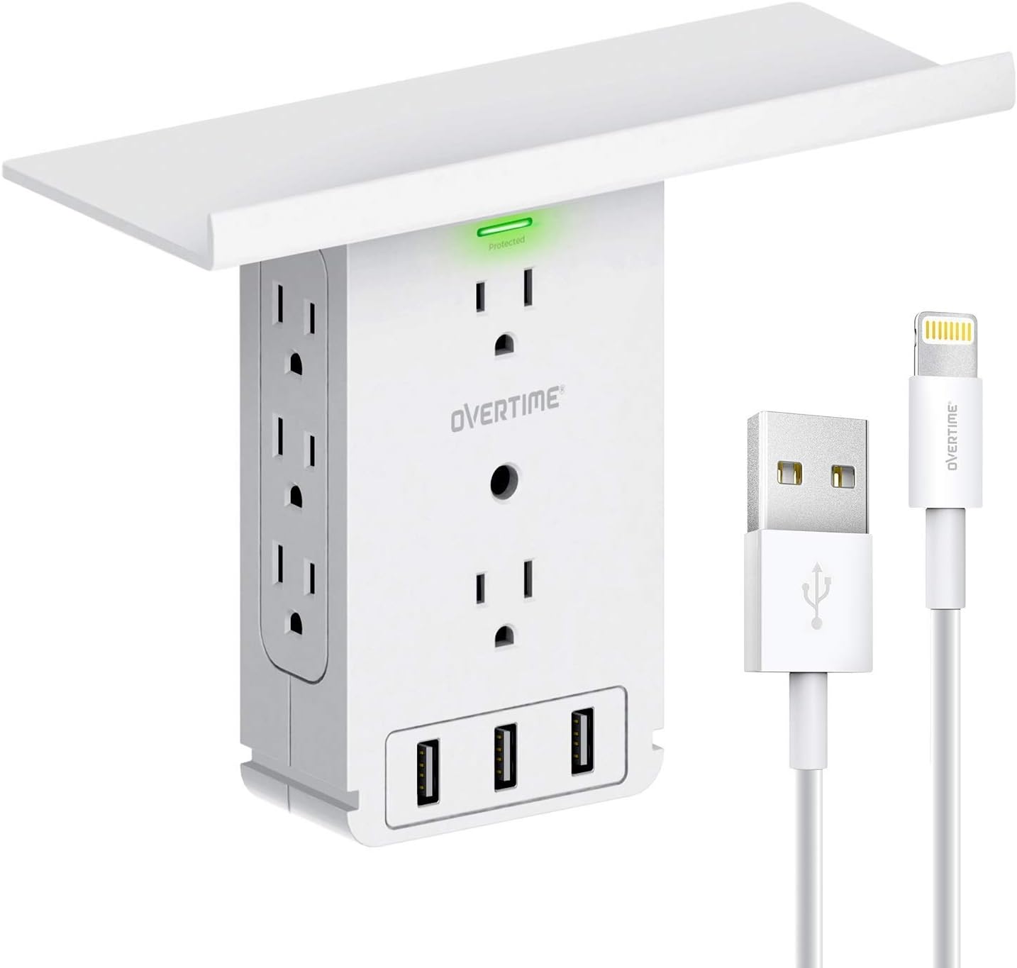 Socket Shelf Wall Outlet & 6ft Lightning Cable Power Charger & Surge