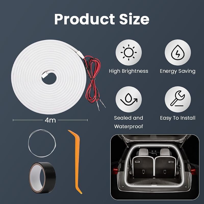 Fita LED dinâmica para porta-bagagens, ativação universal e automática do acessório de iluminação com sensor de indução, luzes ambientes de néon, para berlinas, SUV e camiões (branco 4m)