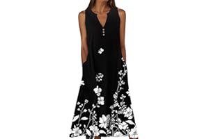 Frostluinai Womens Summer Casual Dresses Printed Sleeveless Midi Tank Sundress with Pockets V Neck A Line Maxi Dress