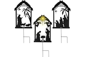VIHOSE 3 Pcs Christmas Nativity Set for Outdoor Yard Black Nativity Scene Outdoor Shadow Stakes Metal Nativity Silhouette Stakes with Light Religious Garden Stakes for Christmas Winter Decorations