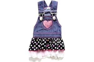 SELMAI Dog Costumes Dress Rompers Denim Jumpsuit for Small Puppies Pet Cats Princess Jean Clothes with Pocket Bib Outfits Pleated Tiered Skirt Polka Dots Heart Sequins for Summer L