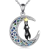 YONFQE Cat Necklace S925 Sterling Silver Celtic Moon Pendant Black Cat Jewelry Gifts for Women Mother