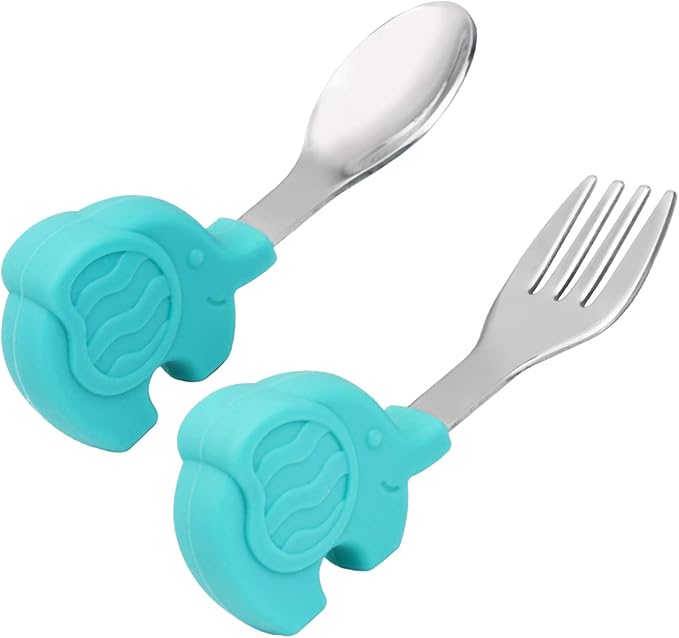 Baby Fork and Spoon Set, Easy Grip for Baby, Toddler, Children, Silicone and Stainless Steel