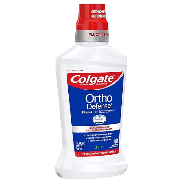 COLGATE ORTHO DEFENSE PHOS-FLUR ANTICAVITY MOUTHWASH, ALCOHOL FREE MOUTHWASH FOR BRACES, MADE WITH FLUORIDE AND PHOSPHATE TO REDUCE WHITE SPOTS AND HELP PREVENT CAVITIES, MINT, 16.9 FL OZ BOTTLE