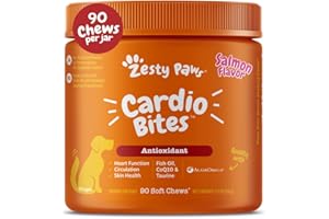 Zesty Paws Cardiovascular Support for Dogs - Taurine for Dogs - with CoQ10, L Carnitine & Sea Buckthorn - Senior Heart Health - AlaskOmega Fish Oil Omega 3 - Senior - Salmon - 90 Count