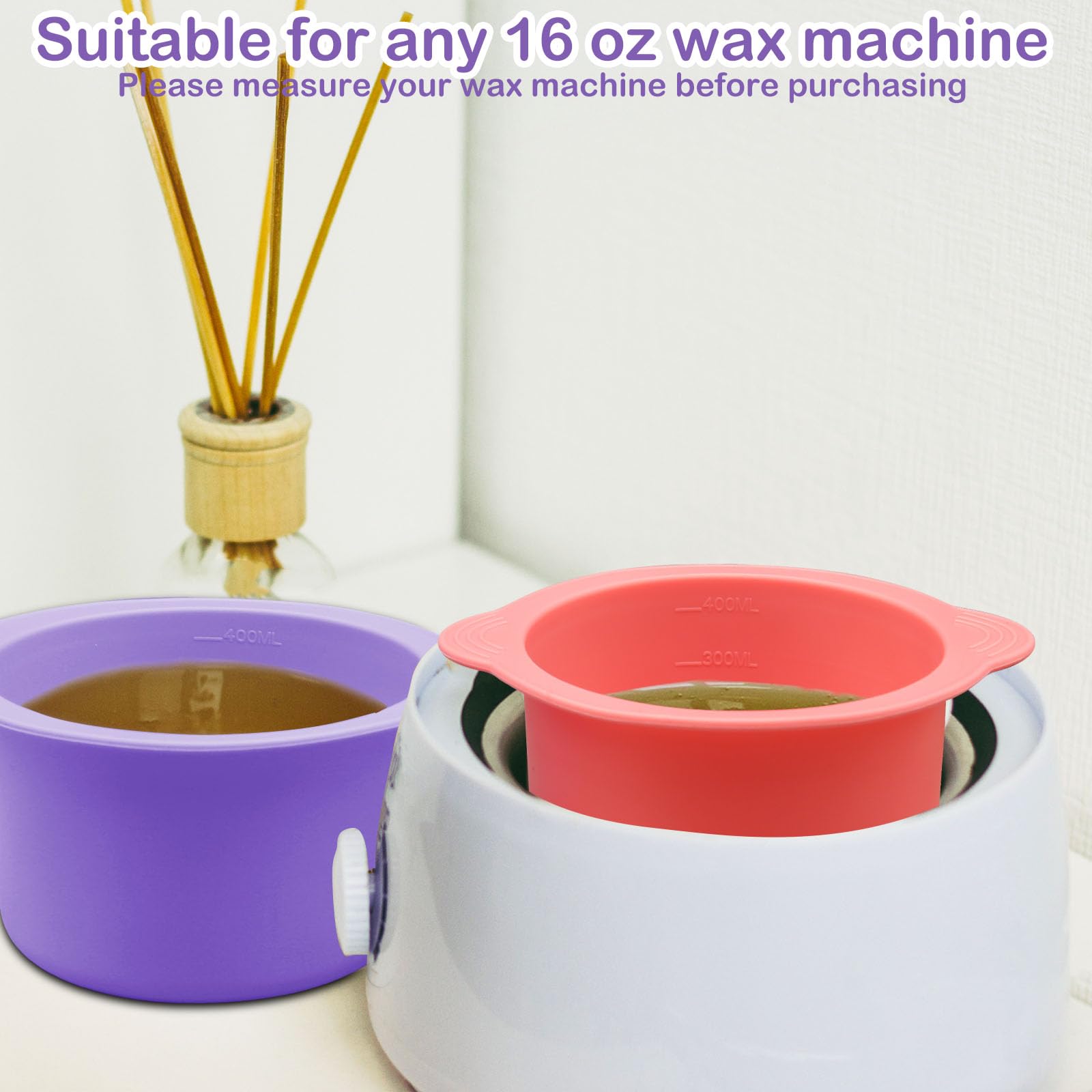 2Pcs Silicone Wax Warmer Liner, Silicone Wax Bowl for Wax Warmer, Non-Stick Wax Melt Warmer Wax Pot Replacement, Reusable Wax Melt Liner with 2 Pcs Wax Spatula Sticks for Hair Removal (Purple, Pink)