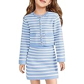 Haloumoning Girls Fall 2 Piece Outfits Striped Button Down Cardigan and Skirt Sets with Pockets 5-14 Years