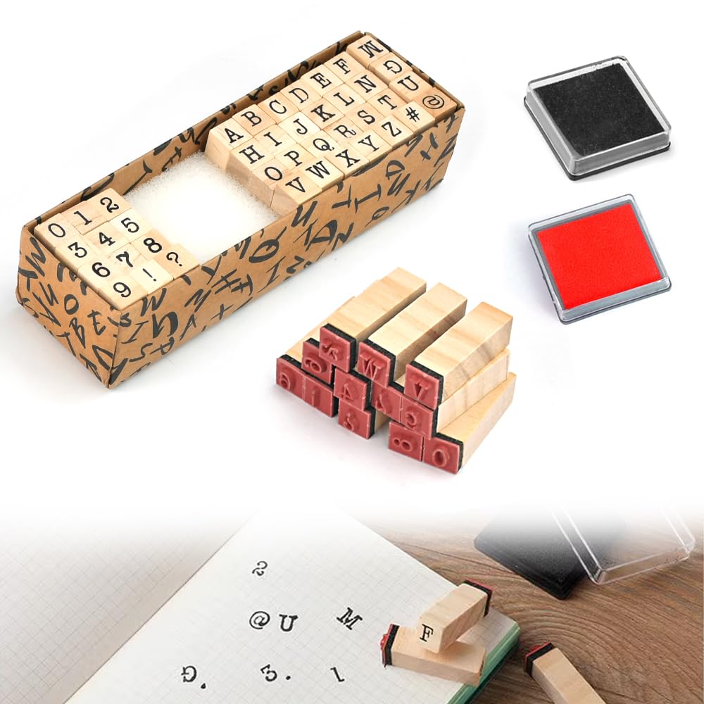 KITERI 40 Pcs Alphabet Stamps Set, Wooden Rubber Stamp Kit Number and Symbol Stamp Sets Multipurpose Craft Ink Stampes Kit Mini Letter Stampes and Ink Pad for Scrapbook Card Making Arts Craft