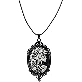 Gothic Skull Skeleton Cameo Pendant Necklace for Women Men Vintage Victorian Black Oval Frame Charm Goth Collar Adjustable Leather Rope Choker Halloween Cosplay Costume Jewelry Gifts for Her