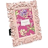 Laura Ashley 4x6 Pink Floral Textured Hand-Crafted Resin Picture Frame with Easel, for Tabletop & Wall Display, Decorative Fl