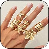 Zaquki Chunky Gold Rings for Women Non Tarnish Flower Starfish Shell Ring Set Dainty Gold Stackable Rings Adjustable Fashion Statement Rings Jewelry Gifts