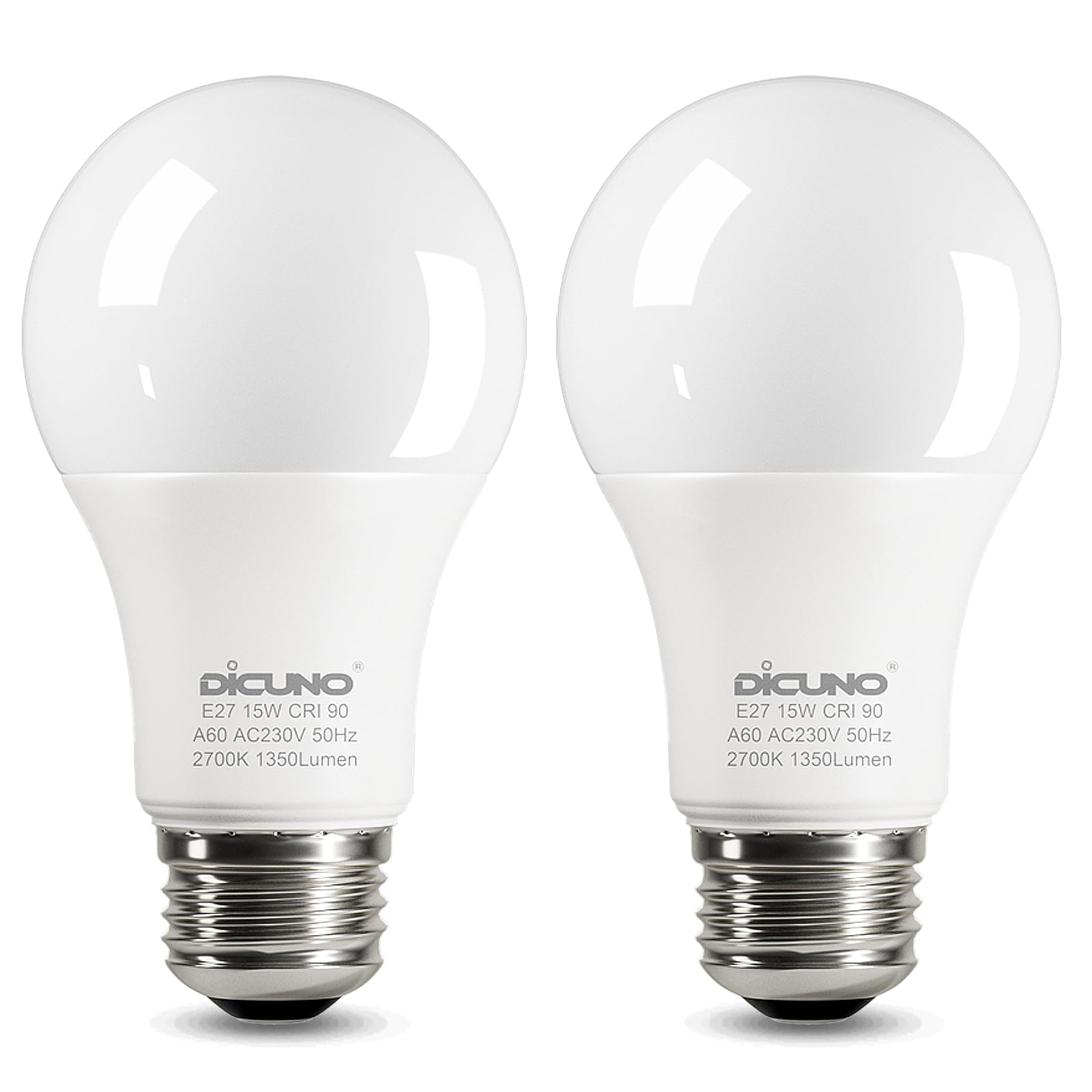 DiCUNO E27 Screw LED Bulb 15W, Warm White 2700K, 100 Watts Halogen Equivalent, Large Screw in Light Bulb, 1350LM, Non-Dimmable, ES High CRI 90 Lightbulbs for Lamp, 2 Pcs