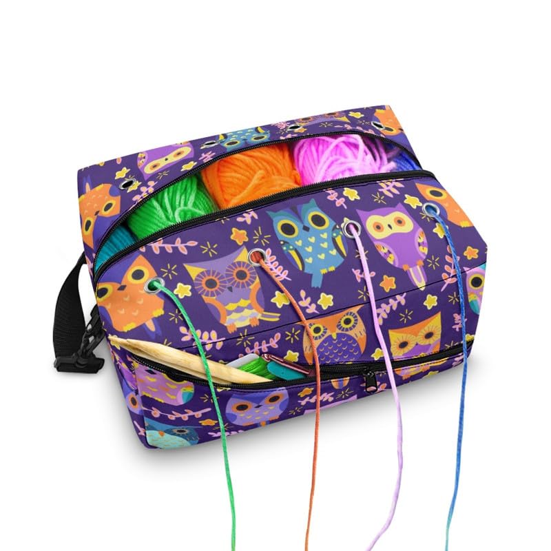 Kuiaobaty Owls Print Crochet Bag Purple Knitting Bag with Hole, Novelty Owl Birds Wool Bag Yarn Holder Sewing Storage Bag