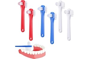 Wanmu 6 Pcs Denture Cleaning Brush, Portable Dual Headed Hard Bristle Denture Toothbrush, Double Sided T-Shaped Special False Teeth Toothbrush for Clear Braces Mouth Guards (Blue, Red, White)