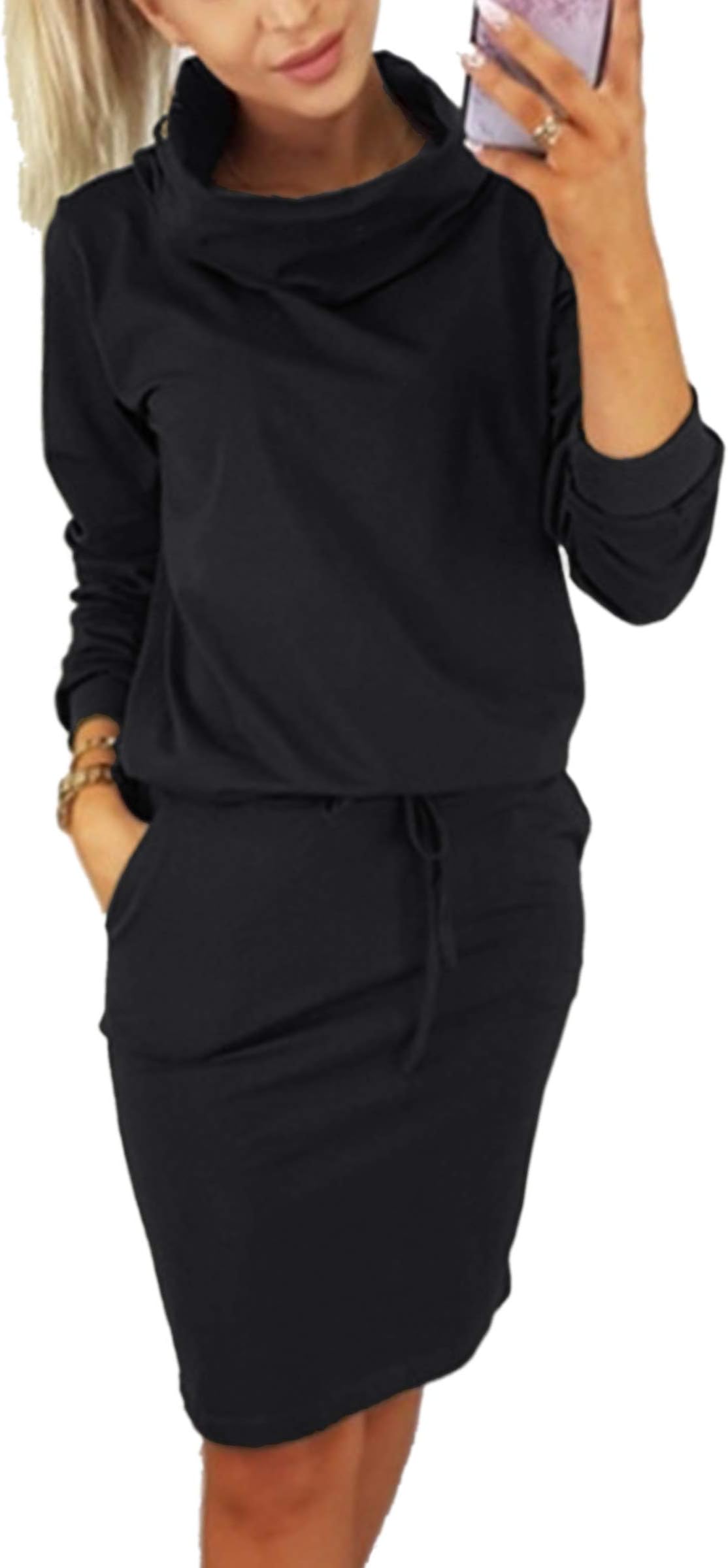 Angashion Womens Cowl Neck Long Sleeve Drawstring Waist Knee Length Sweatshirt Dress with Pockets