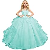 Tulle Princess Sleeveless Pageant Dresses Long Lace Applique Flower Girl Dress Kids Birthday Party Ball Gown