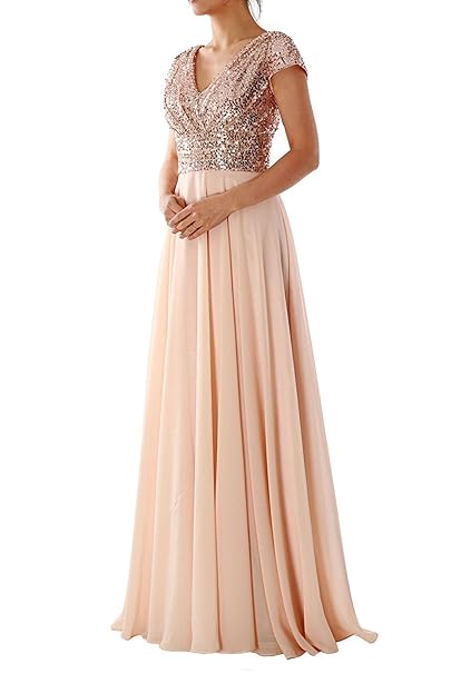 LuckyShe Damen Lang Elegant Pailletten Chiffon Brautjungfernkleid Abendkleider Ballkleid für Hochzeitsfeier