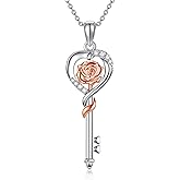 YAFEINI Key Necklace 925 Sterling Silver Rose Flower Key Charm Pendant Jewelry Christmas Gifts for Women