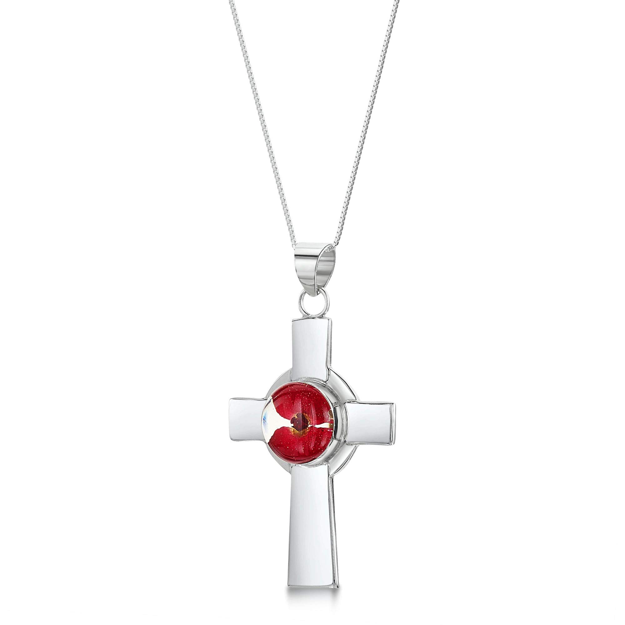 Shrieking Violet 925 Sterling Silver Celtic Cross Real Flower Pendant Necklace - Poppy (Red)