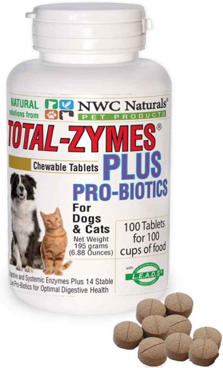 NWC Naturals Total-Zymes Plus - 100 Tablets (1 tablet treats 1 cup of pet food) Enzymes and Probiotics for larger Dogs and Cats by NWC Naturals