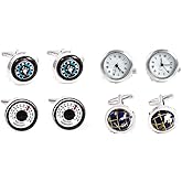 MRCUFF Traveler Working Watch Thermometer &amp; Compass Steampunk Spinning Globe Pilot 4 Pairs Cufflinks in a Presentation Gift Box &amp; Polishing Cloth
