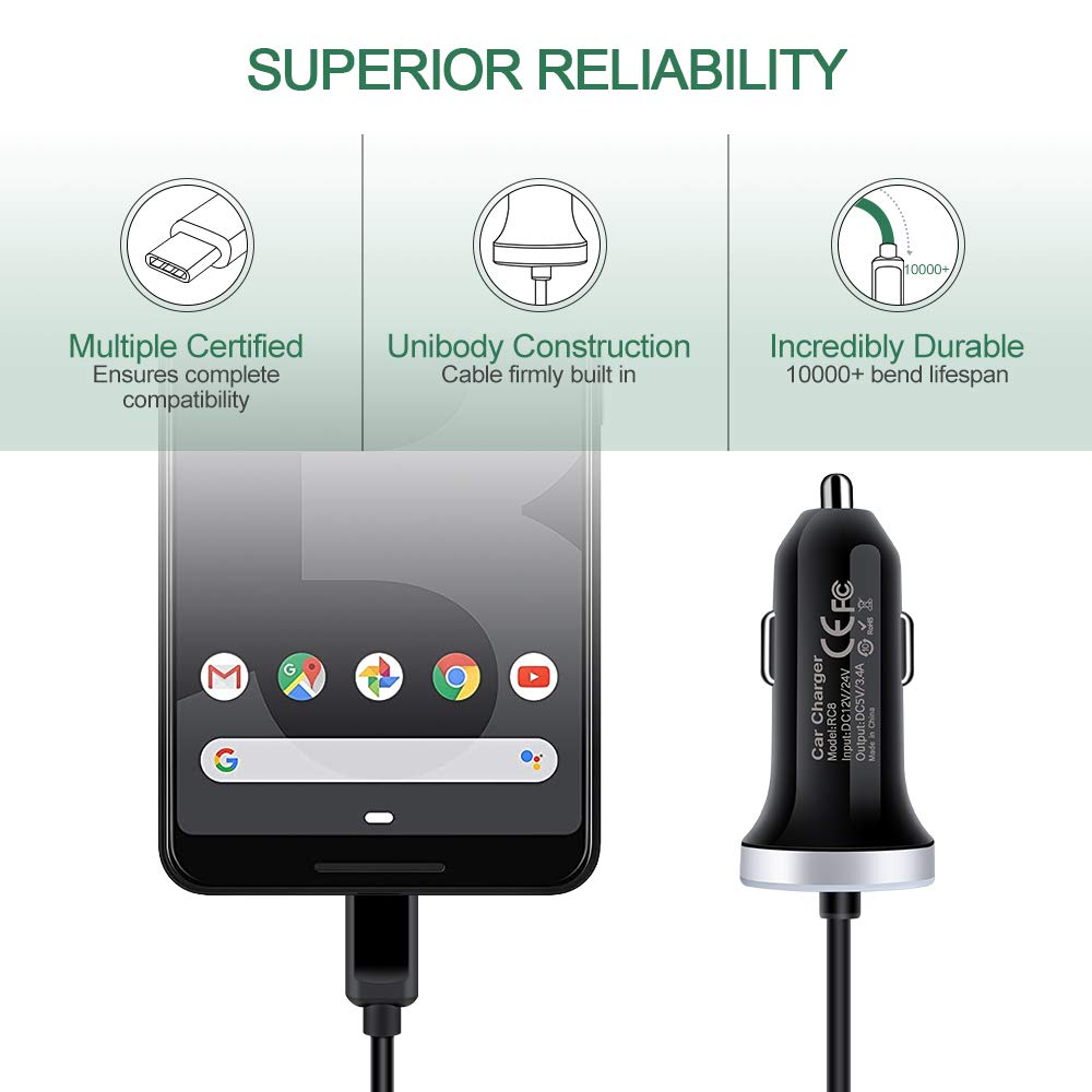 USB C Car Charger, 3.4A Fast Charging Car Charger for Samsung Galaxy S24 S23 S22 S21 S20 S10E S9 S8 Note 20 10 A16 A15 A14 A50 A20 A51 A71 A21 A10E, LG Stylo 6/5, Car Adapter 3ft Type C Charger Cable