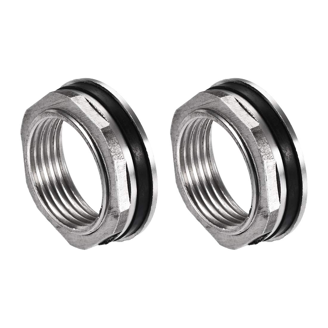 sourcing map Bulkhead Fitting, G1 Female 1.42" Male, Tube Adaptor Hose Fitting, with Silicone Gasket, for Water Tanks, Stainless Steel, Silver Tone, Pack of 2