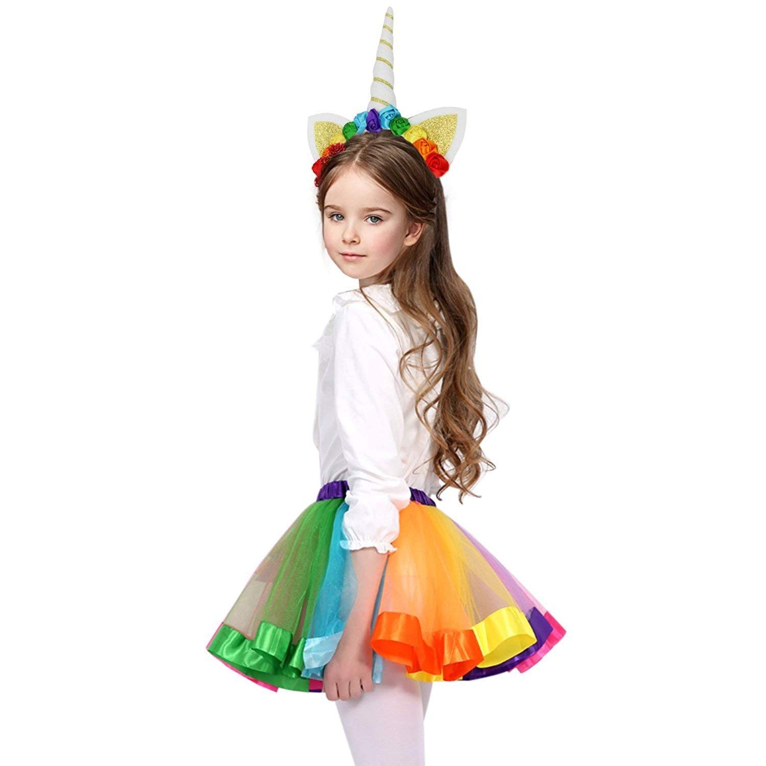 Rocita Girls\' Rainbow Tutu Skirt Colorful Pleated Gauzy Princess Dress With Unicorn Cat Ear Hair Clasp (Rainbow, M)