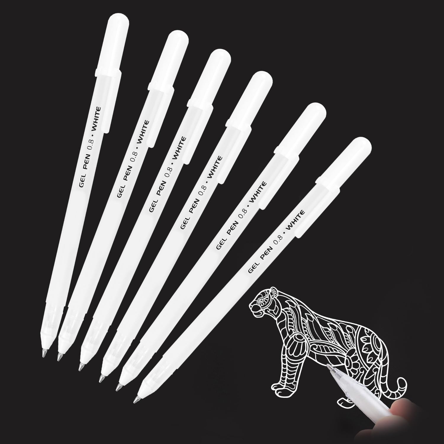 6Pcs White Gel Pens 0.8mm Fine Point Gel Pen Gelly Roll Pen White Line Drawing Pen for Artists Highlight Rollerball Pens for Black Paper, Sketching, Drawing, Illustration, Taking Notes
