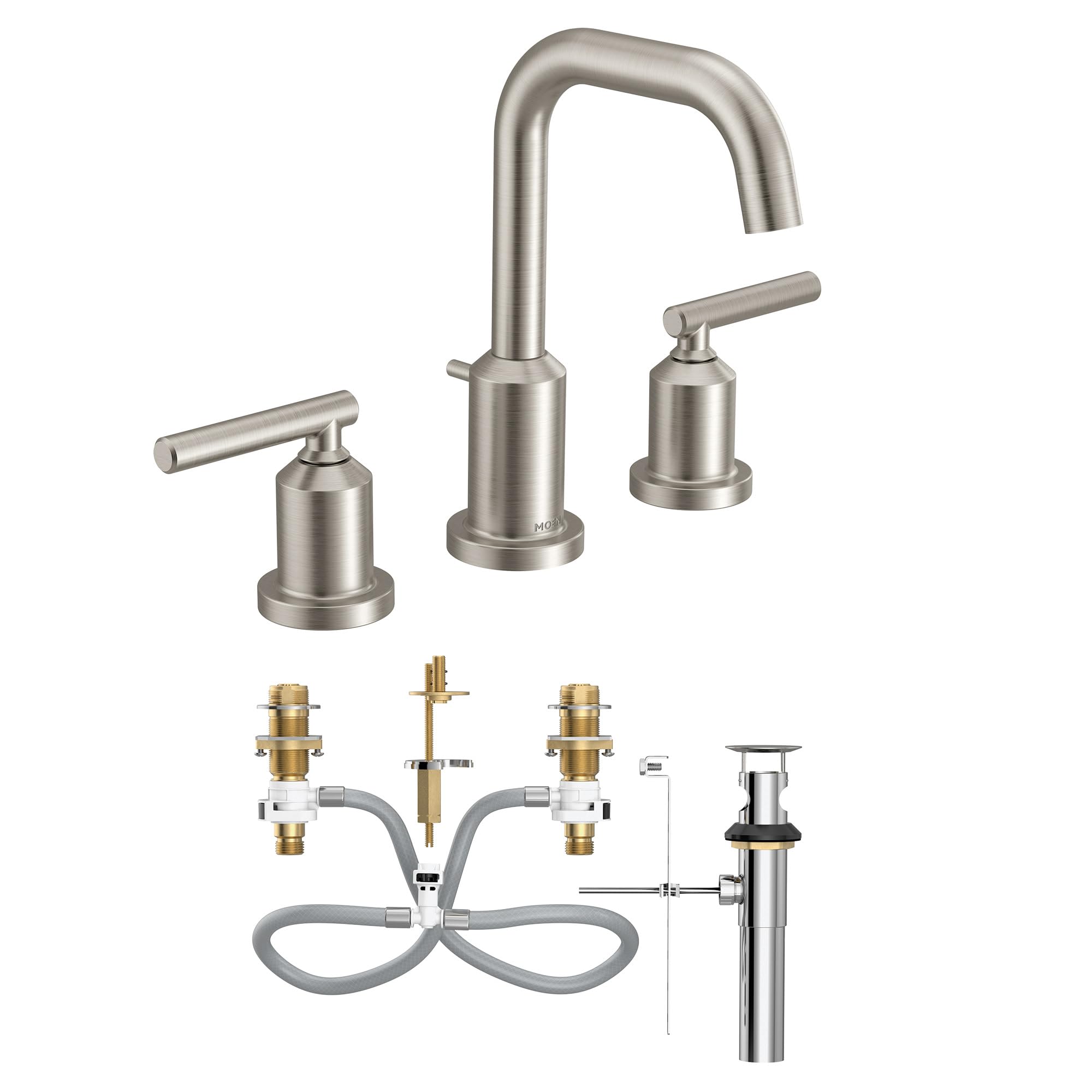 Photo 1 of Moen Gibson Two-Handle High Arc Widespread Modern Bathroom Sink Faucet for 3-Hole Setups with Valve Included, Brushed Nickel, TV6142BN