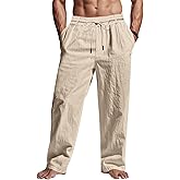 TRFIC Men's Linen Pants Lightweight Drawstring Elastic Waist Pockets Loose Fit Straight Legs Summer Beach Yoga
